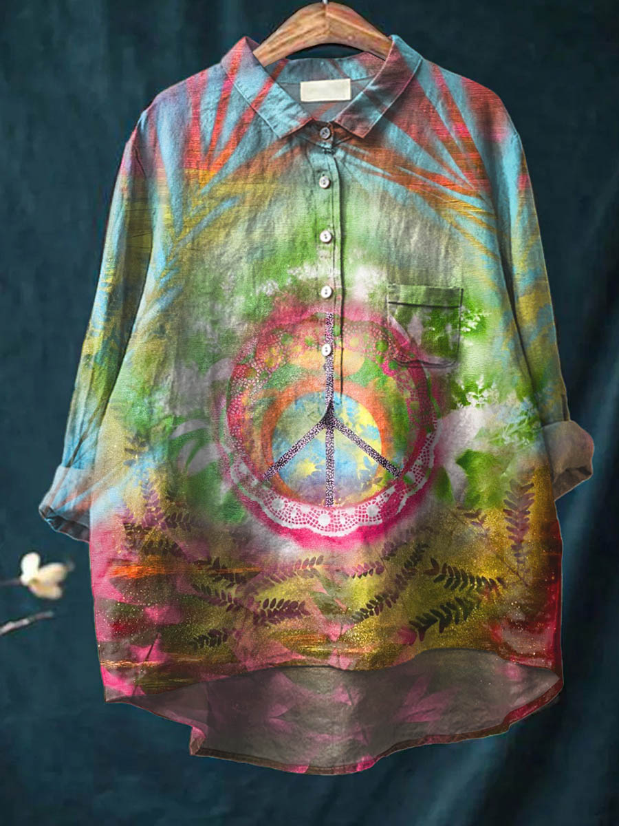 Women's Retro Peace Art Pattern Print Casual Cotton And Linen Shirt