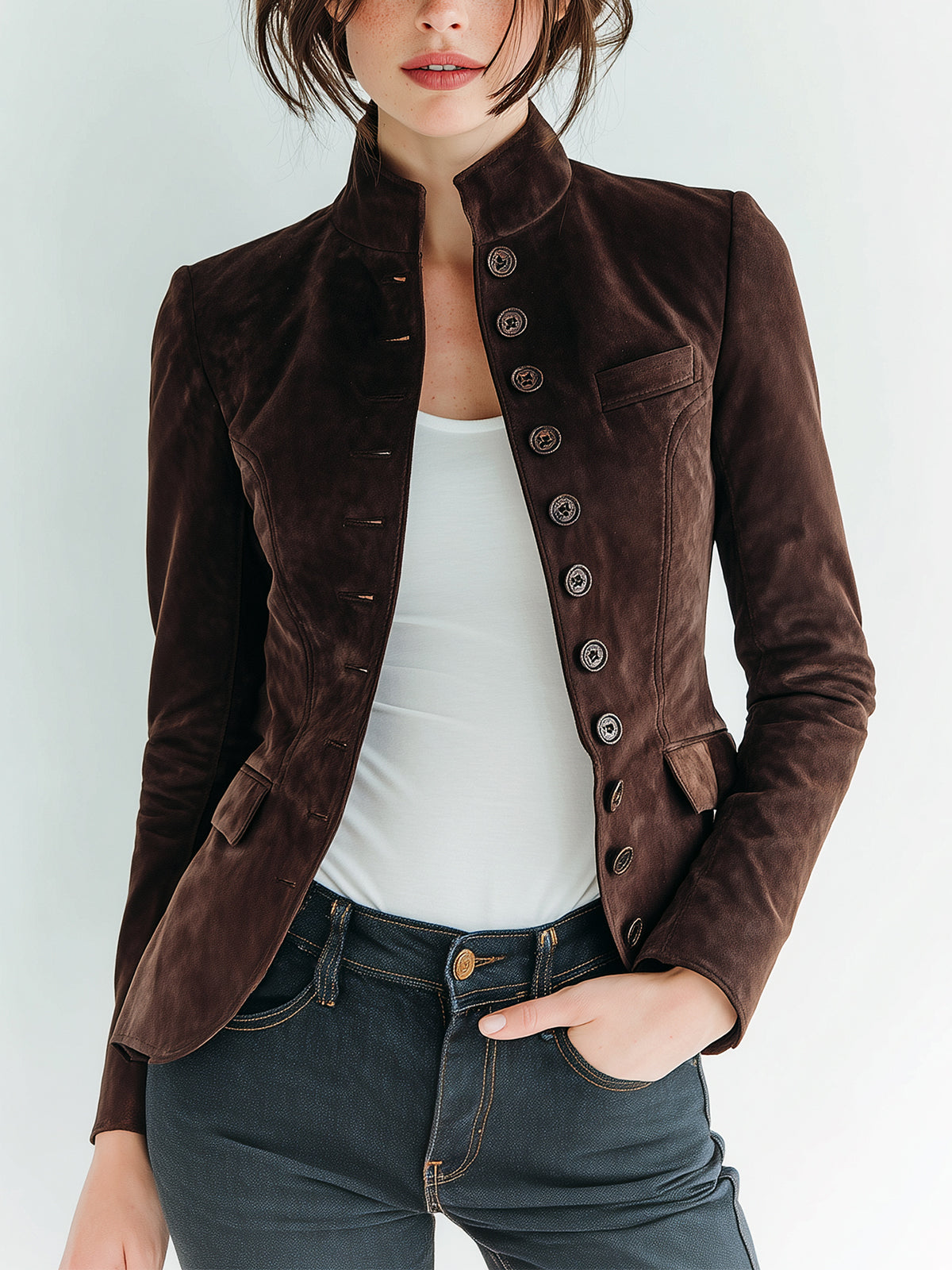 Taidalw Chic Vintage Dark Brown Faux Suede Stand-Collar Single-Breasted Slim-Fit Cropped Jacket