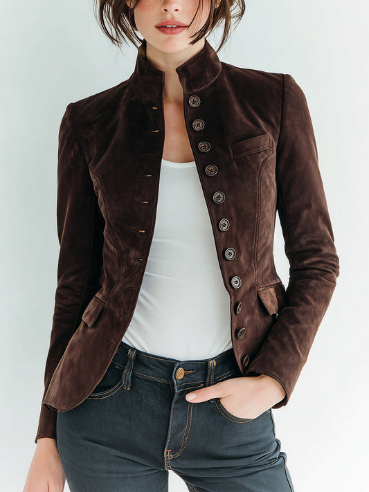 Taidalw Chic Vintage Dark Brown Faux Suede Stand-Collar Single-Breasted Slim-Fit Cropped Jacket