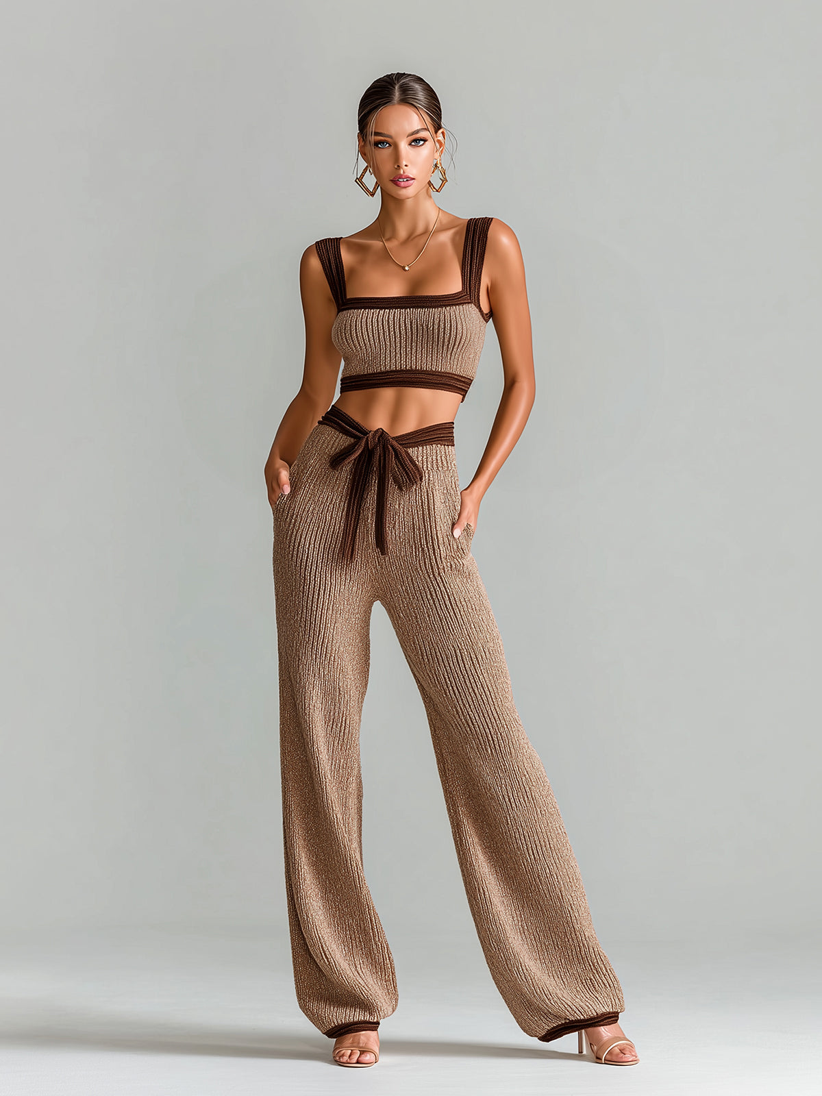 Taidalw Chic Elegant Brown-Coffee Contrast Trim Slim-Fit Cropped Tank Top And Drawstring Waist Wide-Leg Pants Knit Two-Piece Set