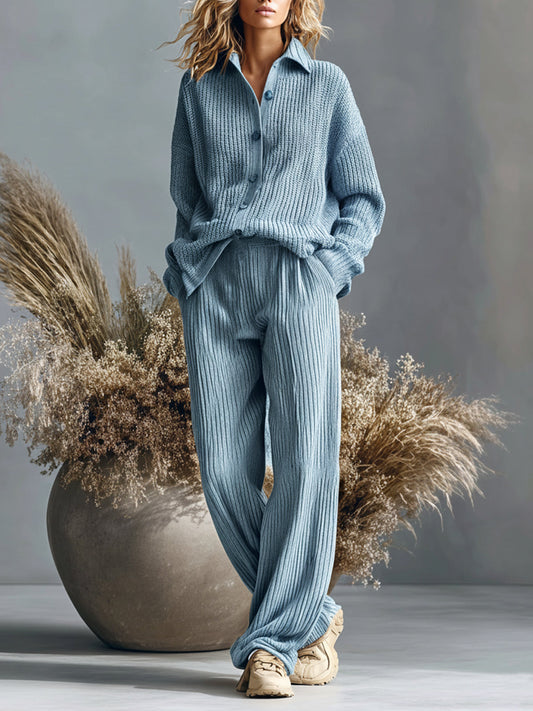 Taidalw Chic Casual Blue Collared Knit Cardigan Wide-Leg Pants Slouchy Ribbed Knit Two-Piece Set