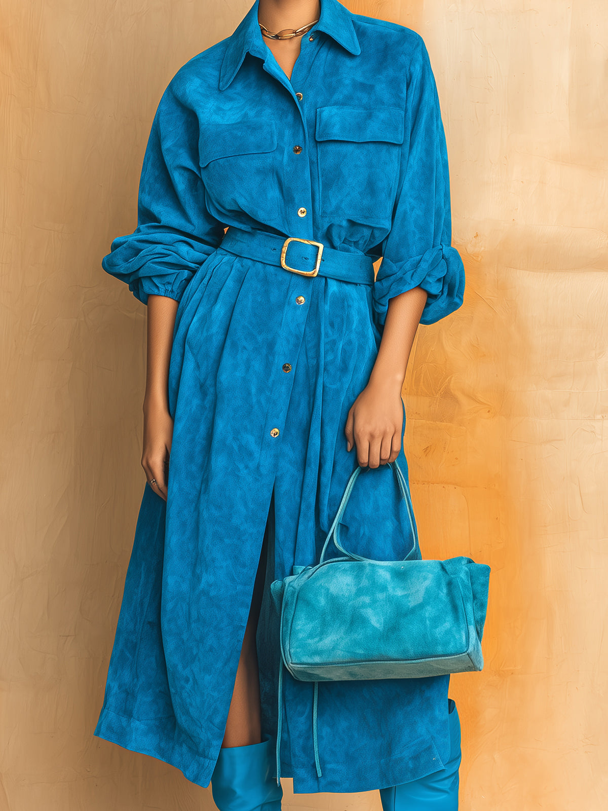 Taidalw Chic Vintage Royal Blue Faux Suede Lapel Single-Breasted Long Sleeve Oversized Belted Maxi Dress