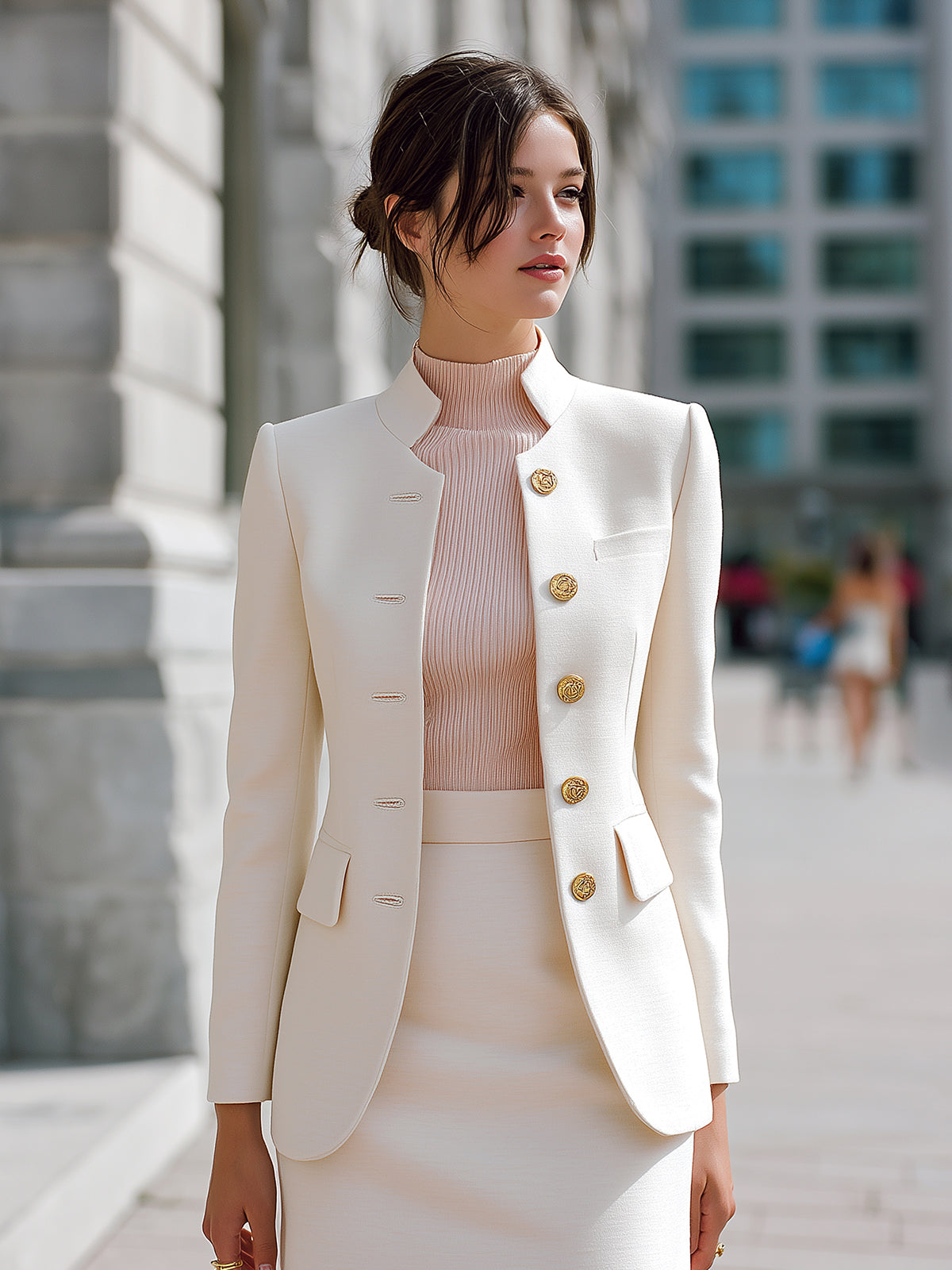 Taidalw Chic Elegant Ivory Wool-blend Stand-collar Single-breasted Slim-fit Blazer