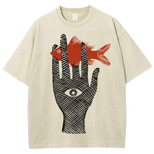 Unisex Artistic Eyes Hand Fish Printed Washed Tee