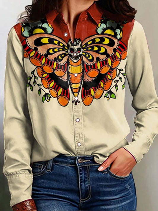 Women's Vintage Western Art Print Casual Linen Blouse