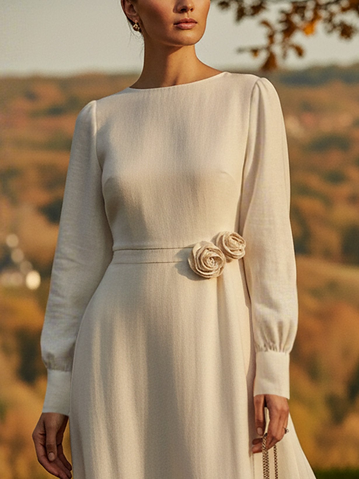 Maxi Linen Dress, Long Sleeves, Round Neck, Plain, 3D Floral, Vintage, White