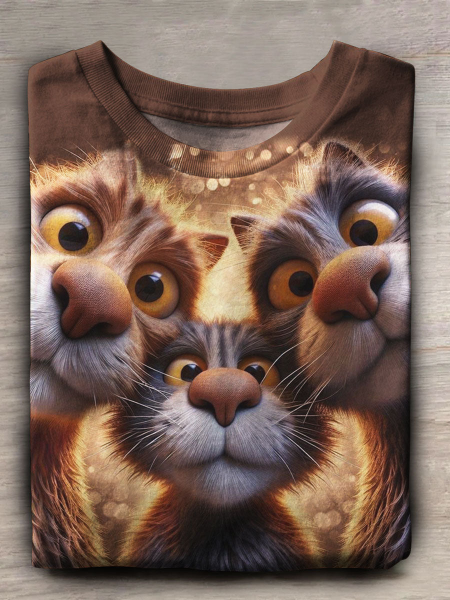 Funny Cat Print Casual Short Sleeve Top