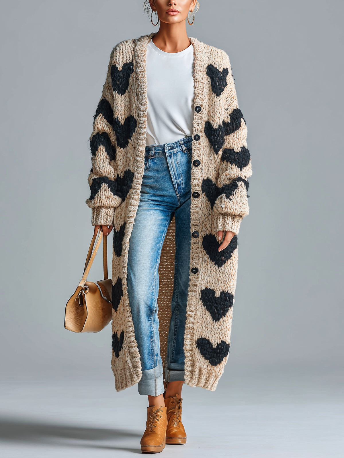 Taidalw Chic Vintage Beige-Black Heart Jacquard Relaxed Fit Single-Breasted Long Sleeve Knit Long Cardigan