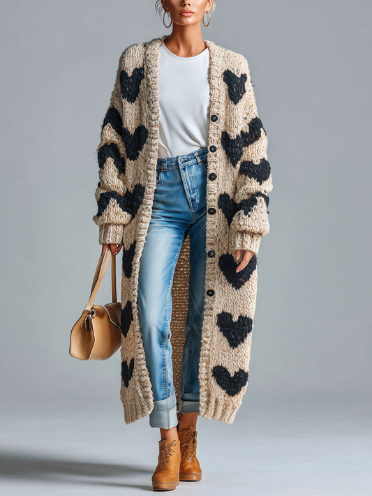 Taidalw Chic Vintage Beige-Black Heart Jacquard Relaxed Fit Single-Breasted Long Sleeve Knit Long Cardigan