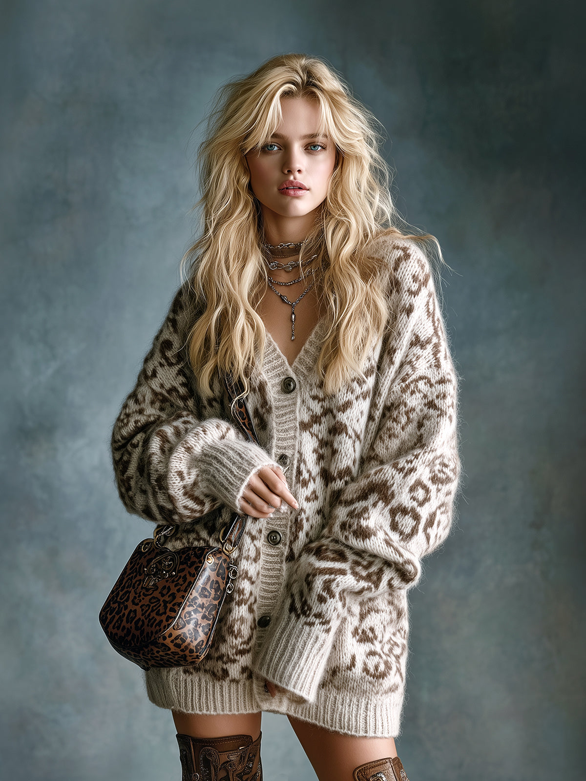 Taidalw Casual Chic Leopard Jacquard V-neck Single-breasted Oversized Long-sleeved Mohair Knit Cardigan