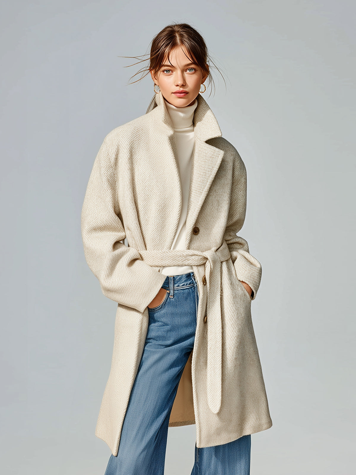 Taidalw Chic Vintage Cream White Twill Wool Blend Notched Collar Single-Breasted Belted Oversized Mid-Length Coat