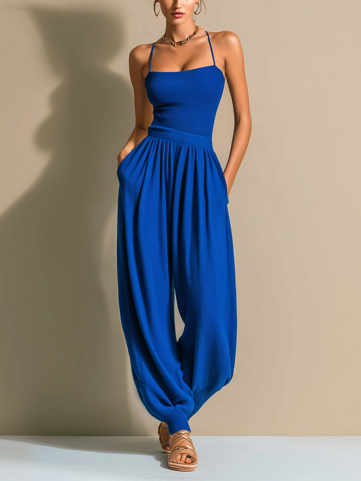 Taidalw Chic Elegant Royal Blue Sleeveless Thin Straps Slim-Fit Camisole Loose Lantern Pants Knit Two-Piece Set