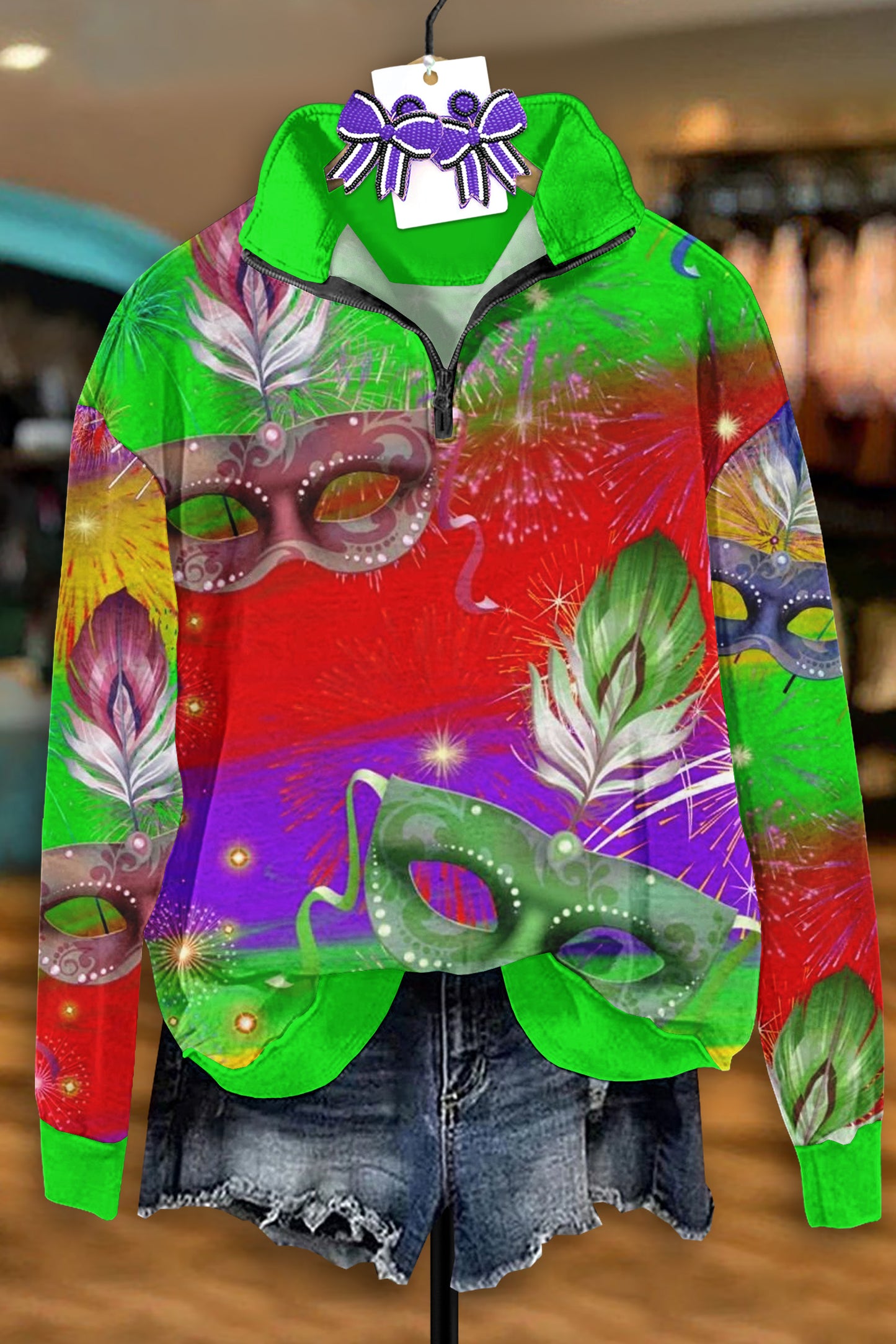 Vintage Mardi Gras Print Zip-Up Sweatshirt