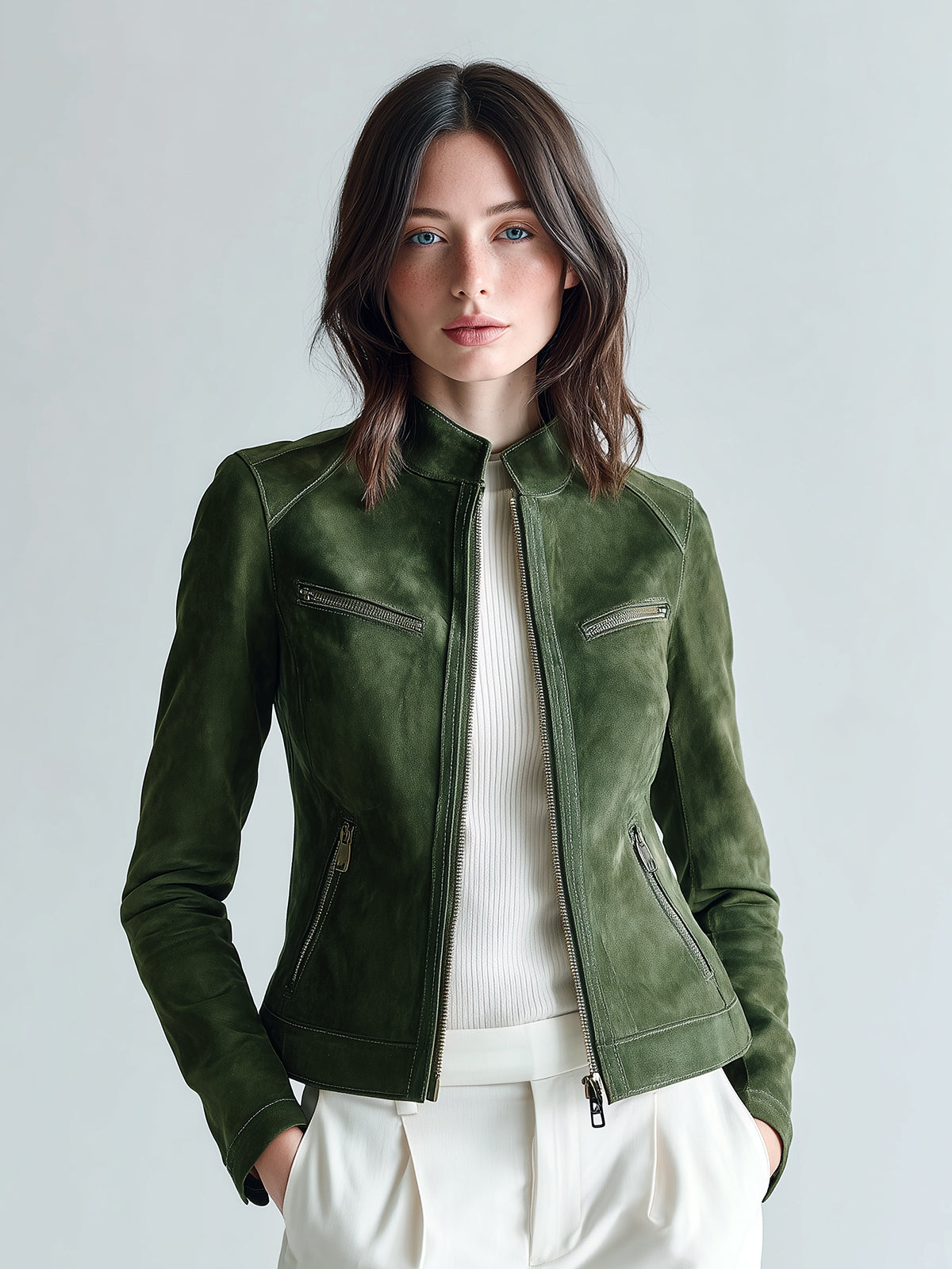 Taidalw Chic Vintage Olive Green Faux Suede Stand-Collar Zipper Slim-Fit Cropped Biker Jacket