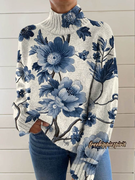 Women's Vintage Lovely Floral Art Print Knit Turtleneck Pullover Sweater