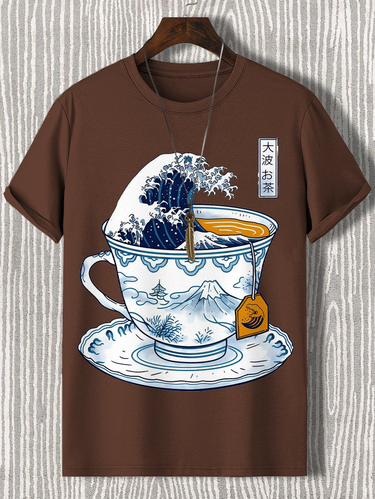 100% Cotton Wave Art In A Teacup Japanese Art Print  Casual T-Shirt