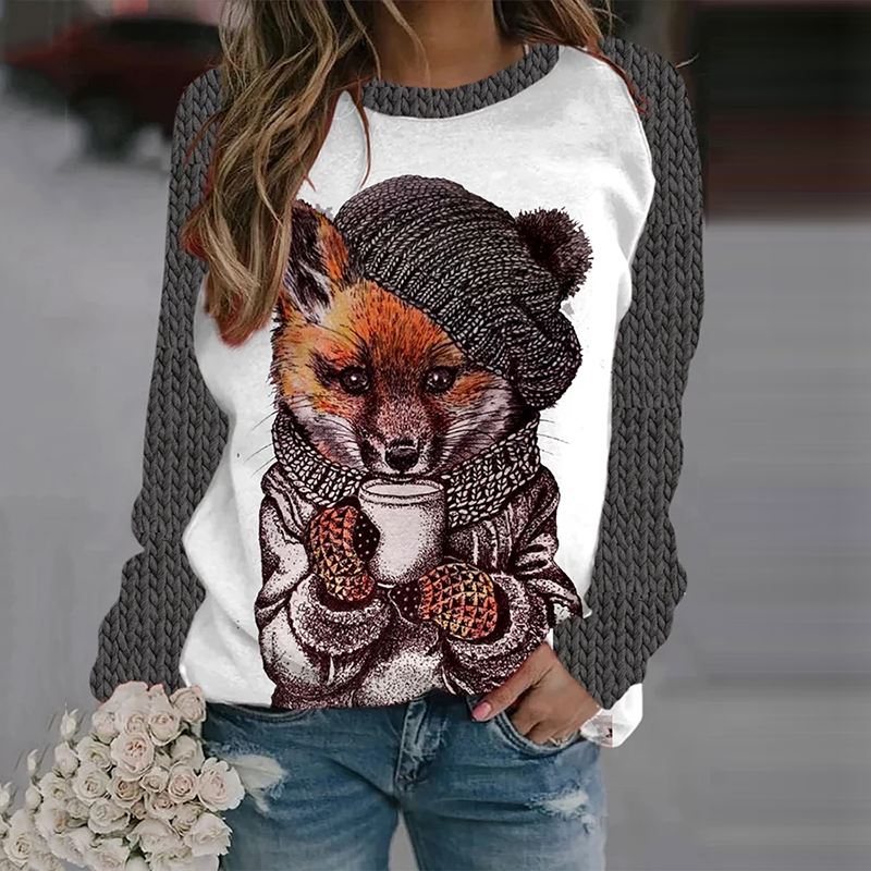 Women's Fox Coffee Print Round Neck Cozy Knit Sweater