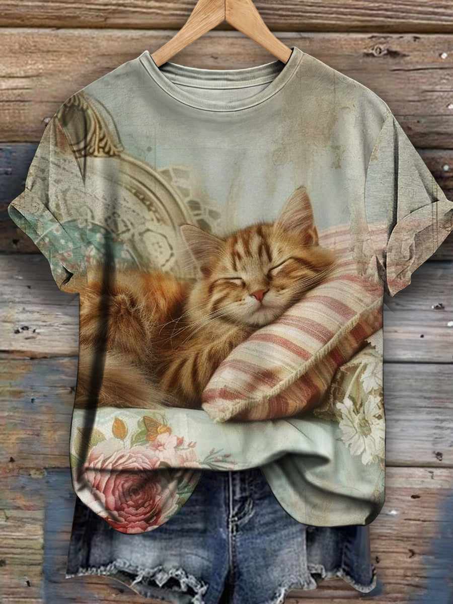 Funny Cat Print Casual Short Sleeve Top