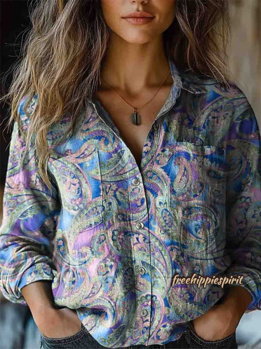 Women's Paisley Floral Art Print Long Sleeve Comfortable Cotton Shirt