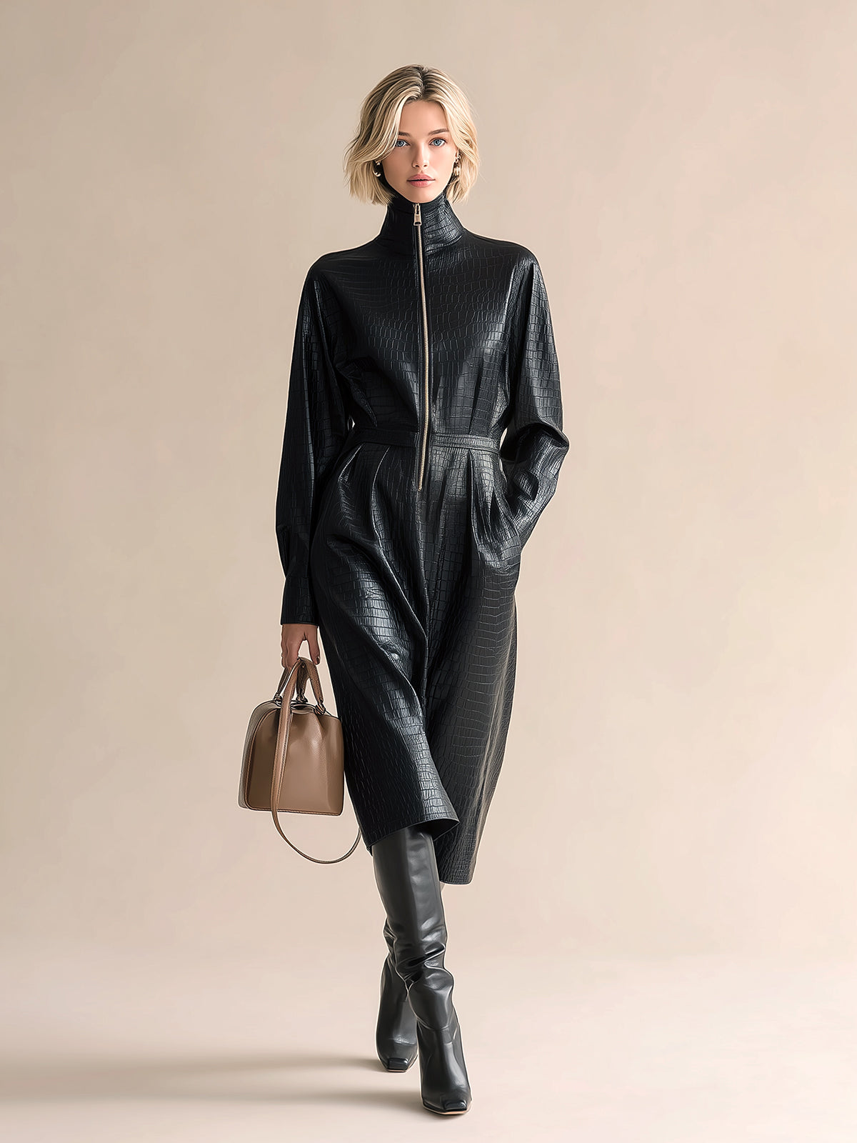 Taidalw Chic Vintage Black Crocodile-Patterned PU Stand Collar Zipper-Front Long Sleeve Tailored Waist Midi Dress