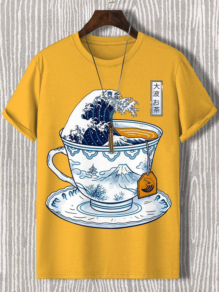 100% Cotton Wave Art In A Teacup Japanese Art Print  Casual T-Shirt