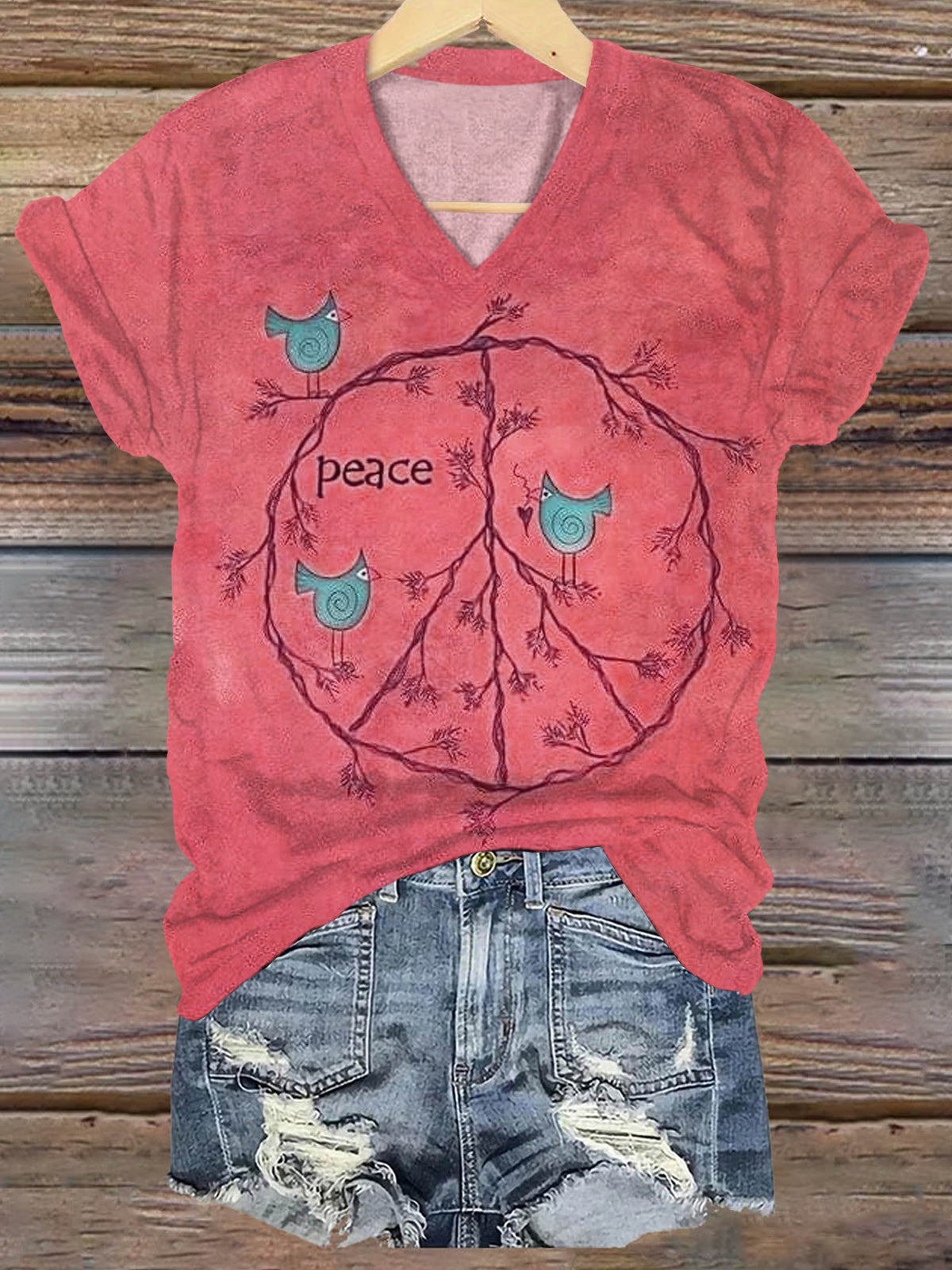 Women's Vintage Peace Love Birds Print Casual V-neck Casual T-Shirt