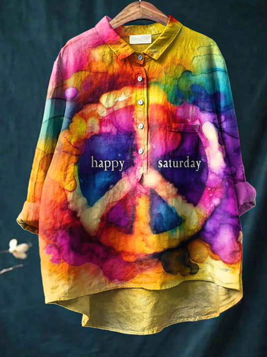 Peace And Love Happy Saturday Art Pattern Print Casual Cotton And Linen Shirt