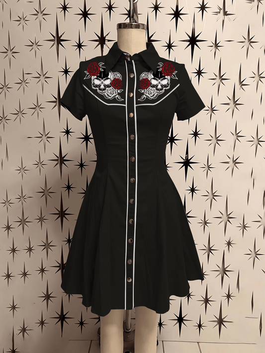 Retro Skull Flower Printed Shirt Dress