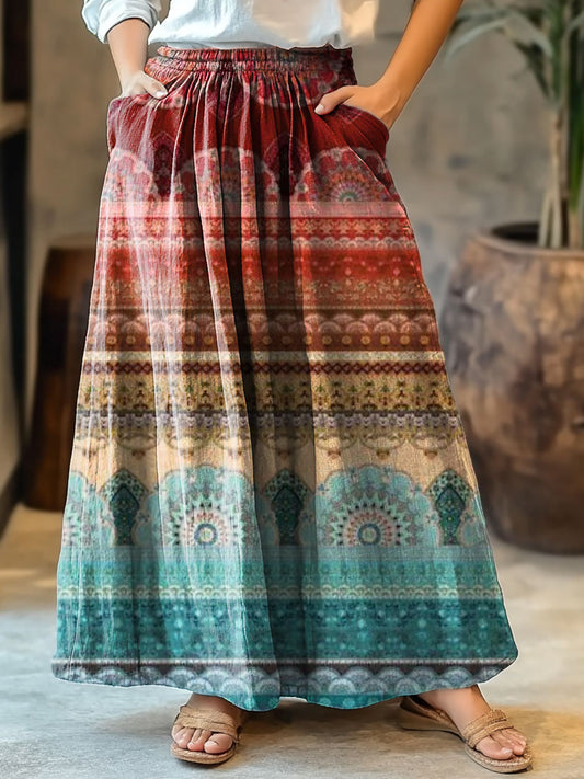 Women's Ethnic Striped Pattern Art Print Cotton Skirt