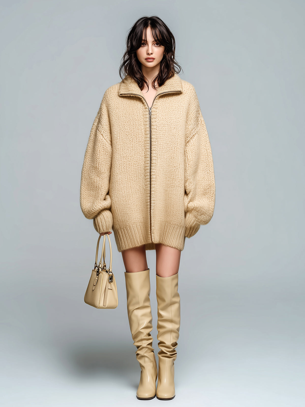 Taidalw Chic Casual Beige Lapel Zip-Up Lantern Sleeve Slouchy Knit Cardigan