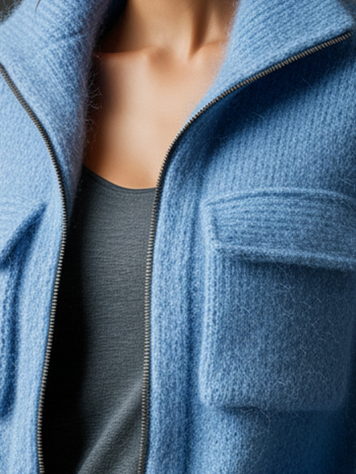 Taidalw Chic Casual Blue Lapel Zipper-Front Multi-Pocket Long-Sleeve Loose Fuzzy Knit Mid-Length Cardigan