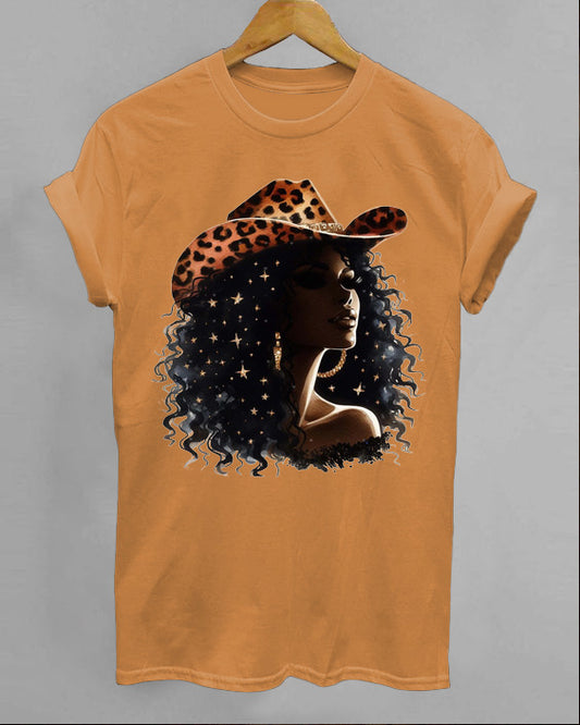 Leopard Print Cowboy Hat Black CowGirl Crew Neck Short Sleeve Cotton T-shirt