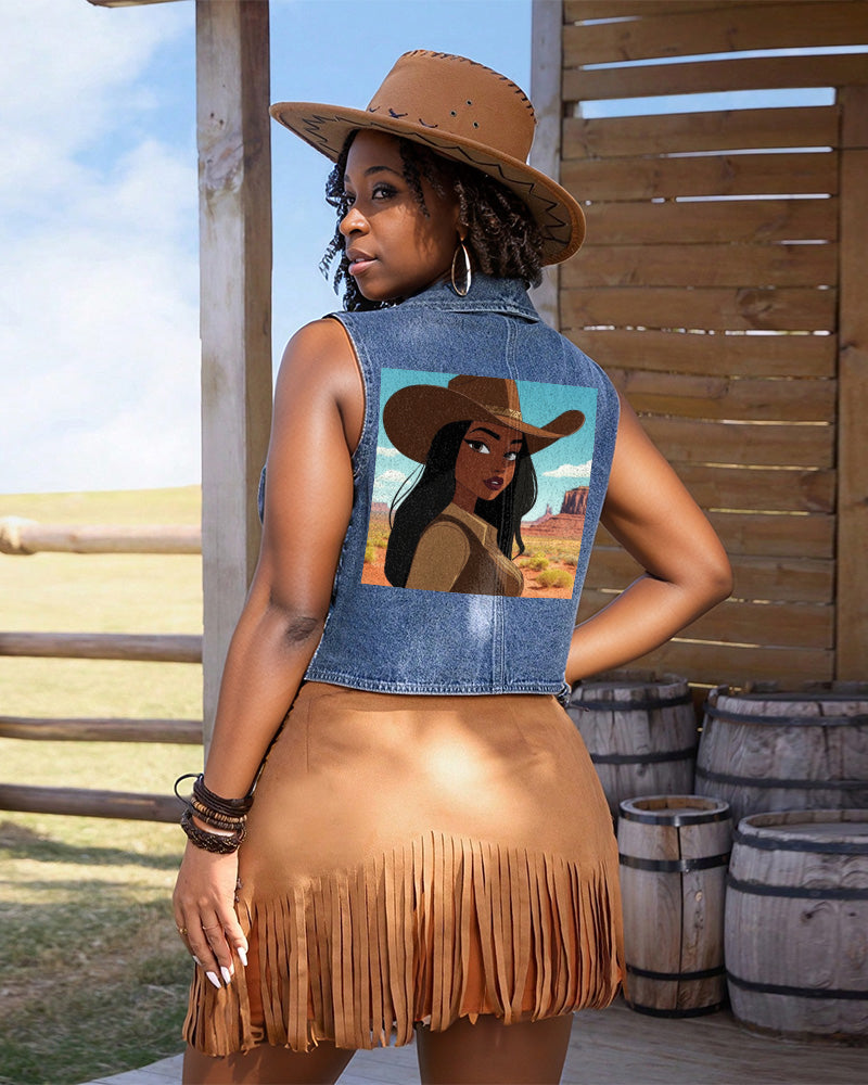 Plains Brown Cowgirl Squad Single-Breasted Casual Denim Waistcoat
