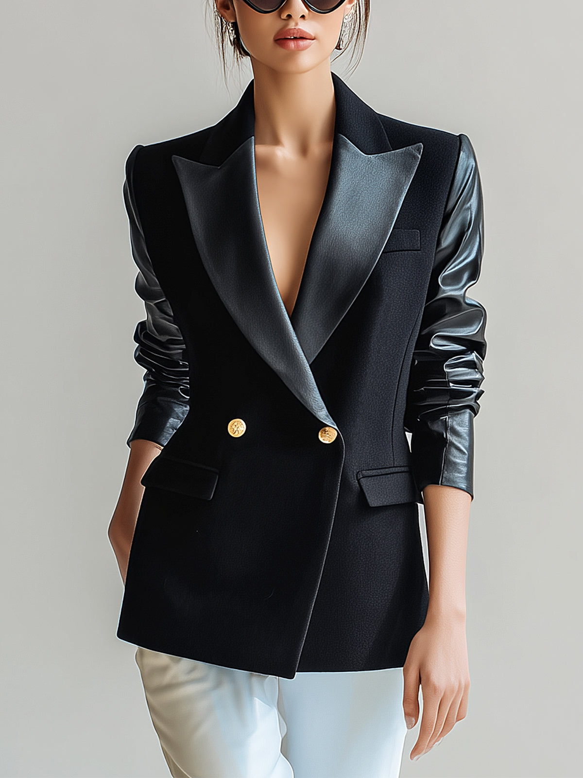 Taidalw Chic Vintage Wool Blend PU Patchwork Peak Lapel Double-breasted Slim-fit Blazer