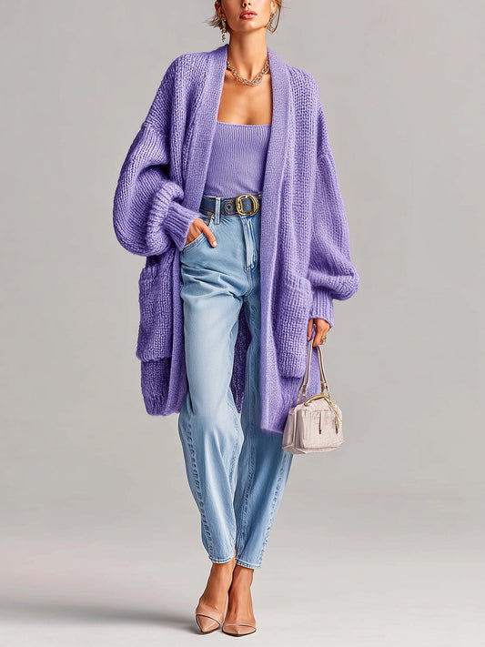 Taidalw Chic Vintage Lavender Lantern Sleeve Large Patch Pockets Oversized Knit Mid-Length Cardigan