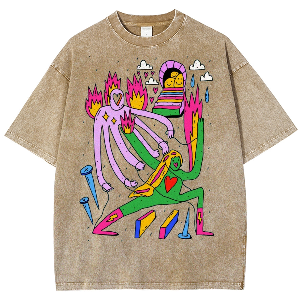 Unisex Art Abstract People Printed Washed Tee