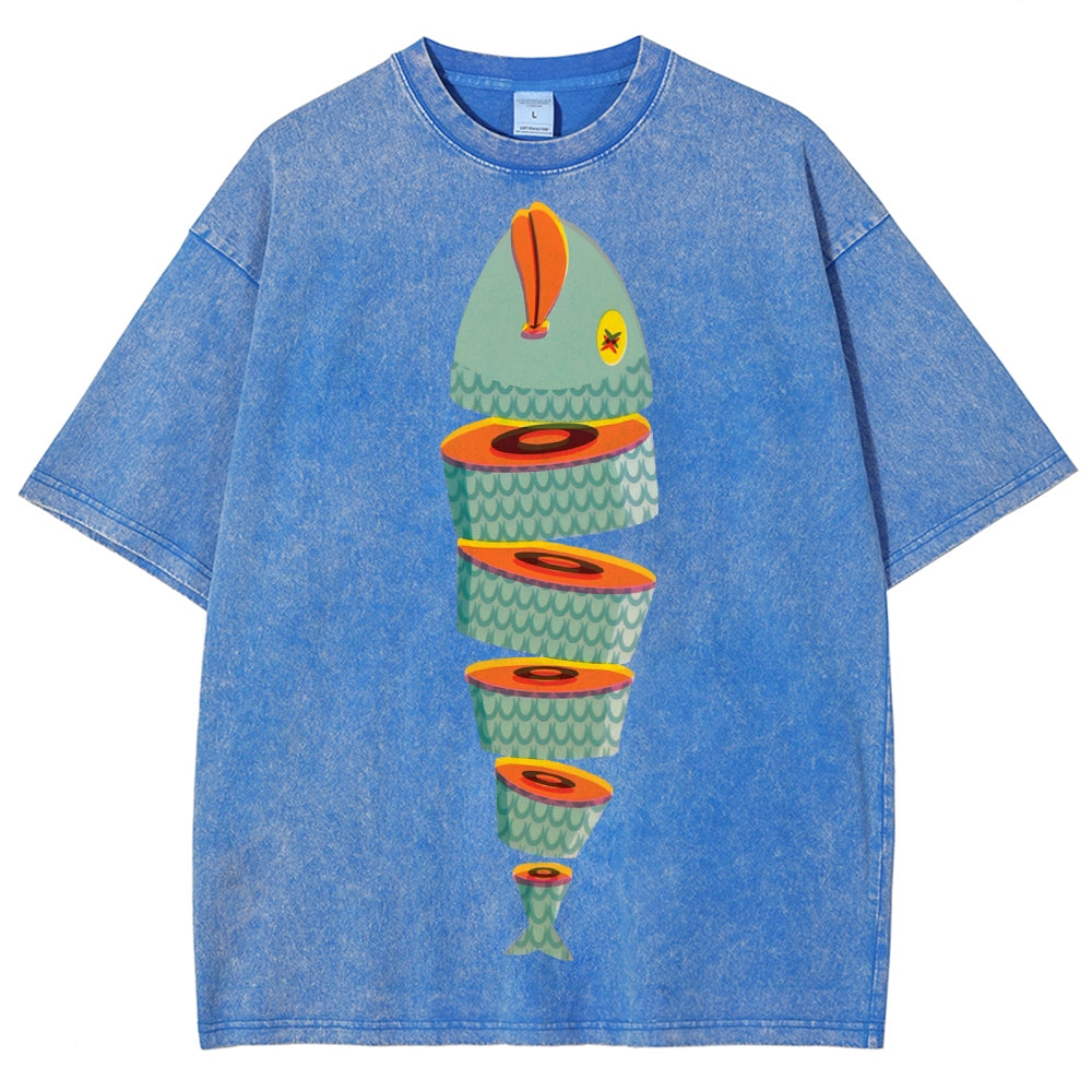 Unisex Fish Printed Washed Tee