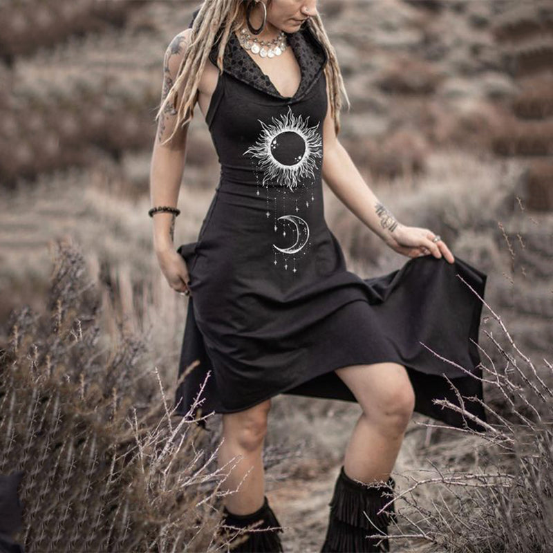 Tribal Sun Moon Totem Retro Sleeveless Hooded Midi Dress