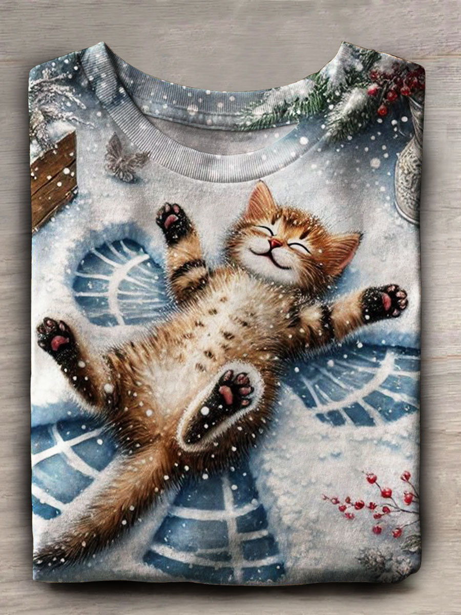 Winter Cat Print Casual Short Sleeve Top