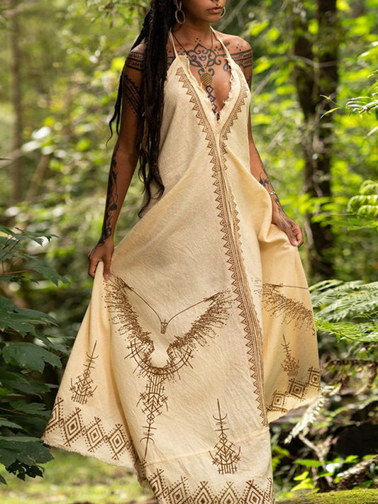 Tribal Viking Totem Bird Sling Cotton And Linen Maxi Dress