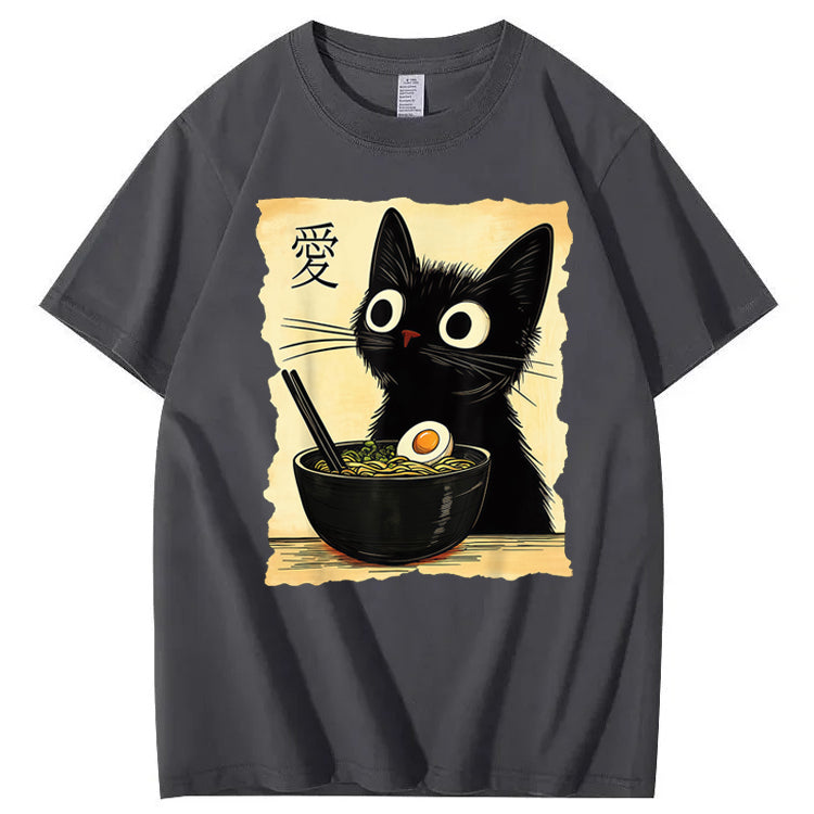 Funny Cat Ramen Graphic Tee Japanese Kawaii Anime Cat 100% Cotton T-Shirt