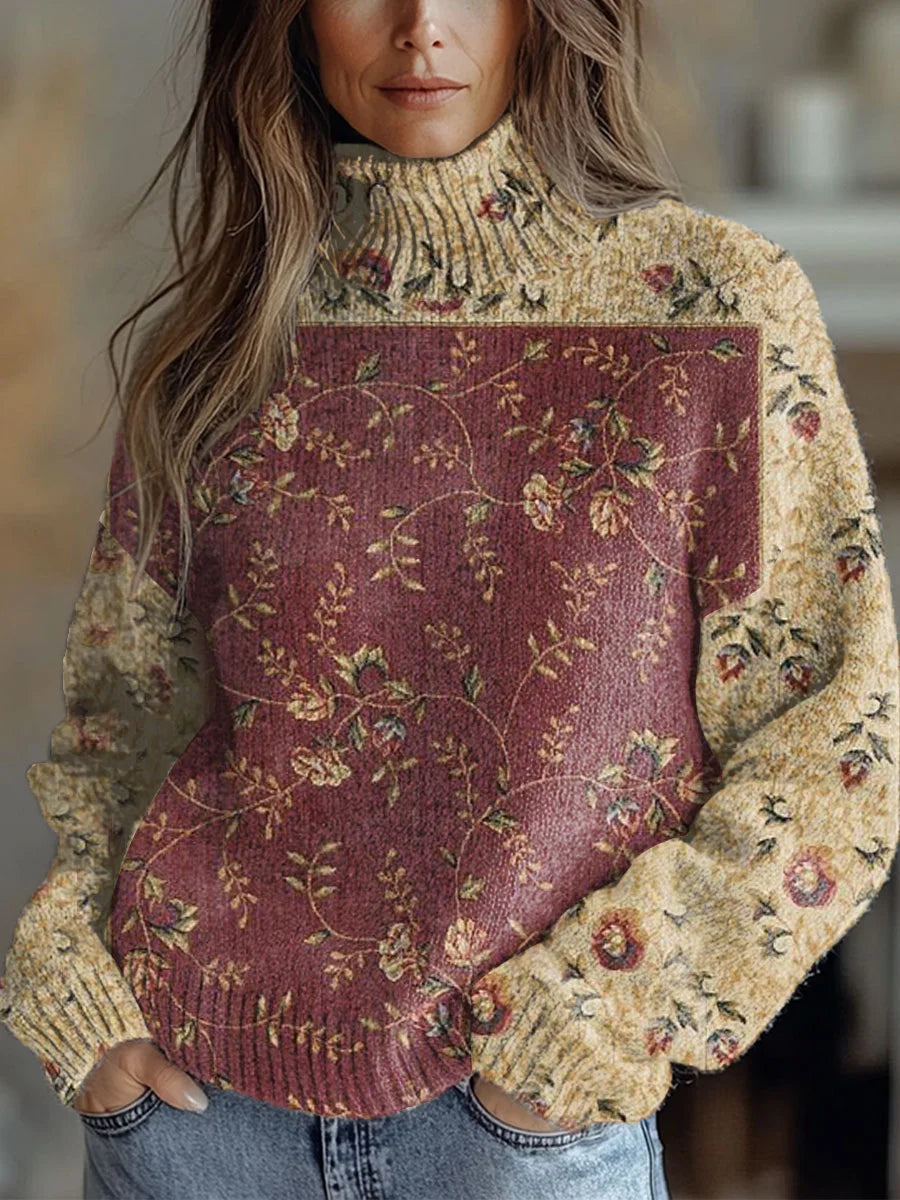 Women's Vintage Lovely Floral Art Print Knit Turtleneck Pullover Sweater