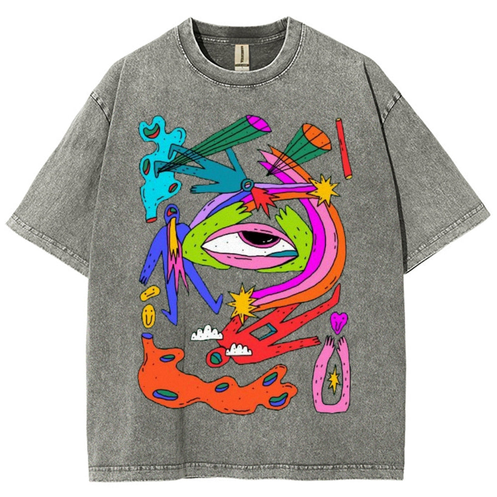 Unisex Abstract Art Eyes Printed Washed Tee