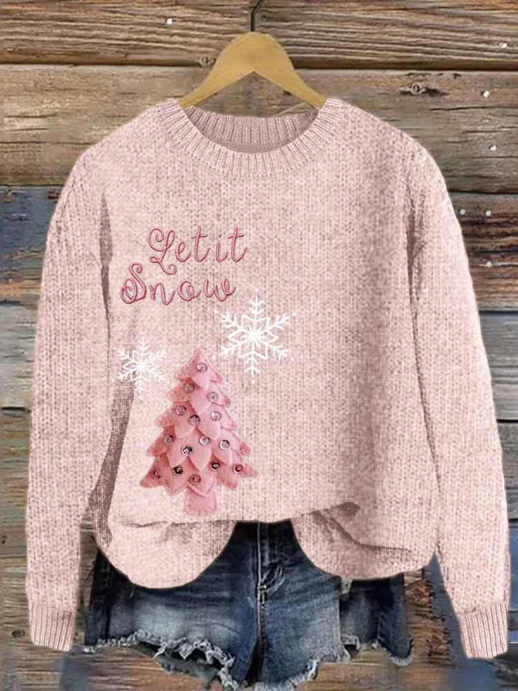 Women's Christmas Tree Embroidery Art Print Crew Neck Casual Knit Pullover