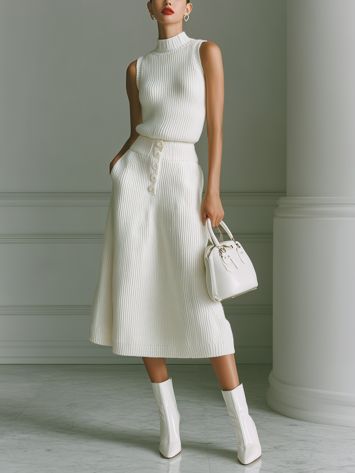 Taidalw Chic Elegant White Mock Neck Sleeveless Oversize Sweater Top And A-Line Button Patch Pocket Midi Skirt Knit Two-Piece Set