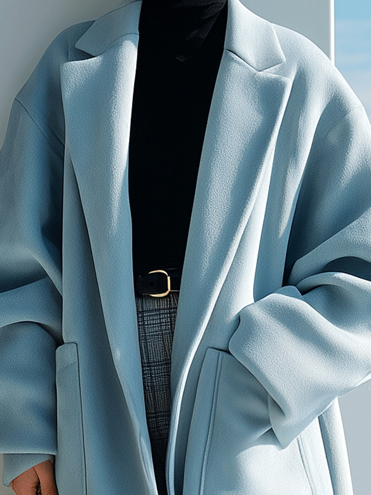 Taidalw Chic Vintage Blue Faux Suede Notched Lapel Patch Pockets Oversized Draped Silhouette Long Coat