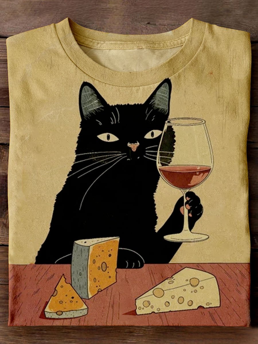 Funny Black Cat Hold Wine Art Print Casaul Short Sleeve T-shirt