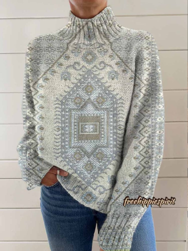 Women's Vintage Ethnic Floral Art Print Knit Turtleneck Pullover Sweater