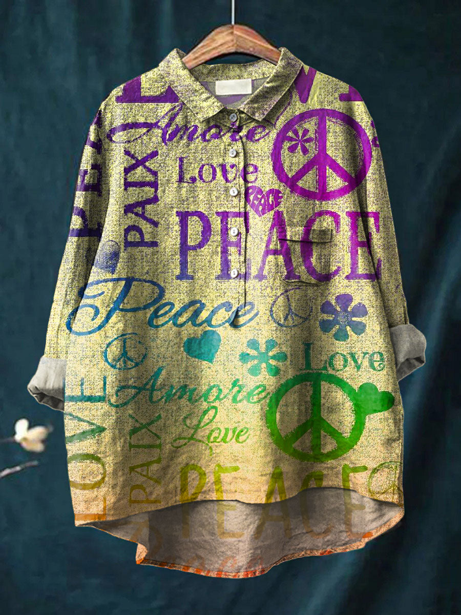 Peace And Love Art Print Casual Cotton And Linen Shirt