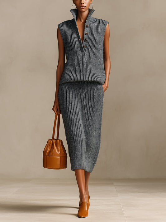 Taidalw Chic Elegant Dark Gray Stand Collar Button-Front Loose-Fit Top And Elastic Waist Midi Skirt Ribbed Knit Two-Piece Set